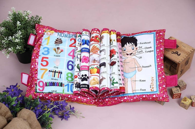 Keshav Creation Learning Cushion Pillow Book Kids with English | Alphabet, Numbers, Animal Names | Kids Learning Toys (Pink) - Image 1