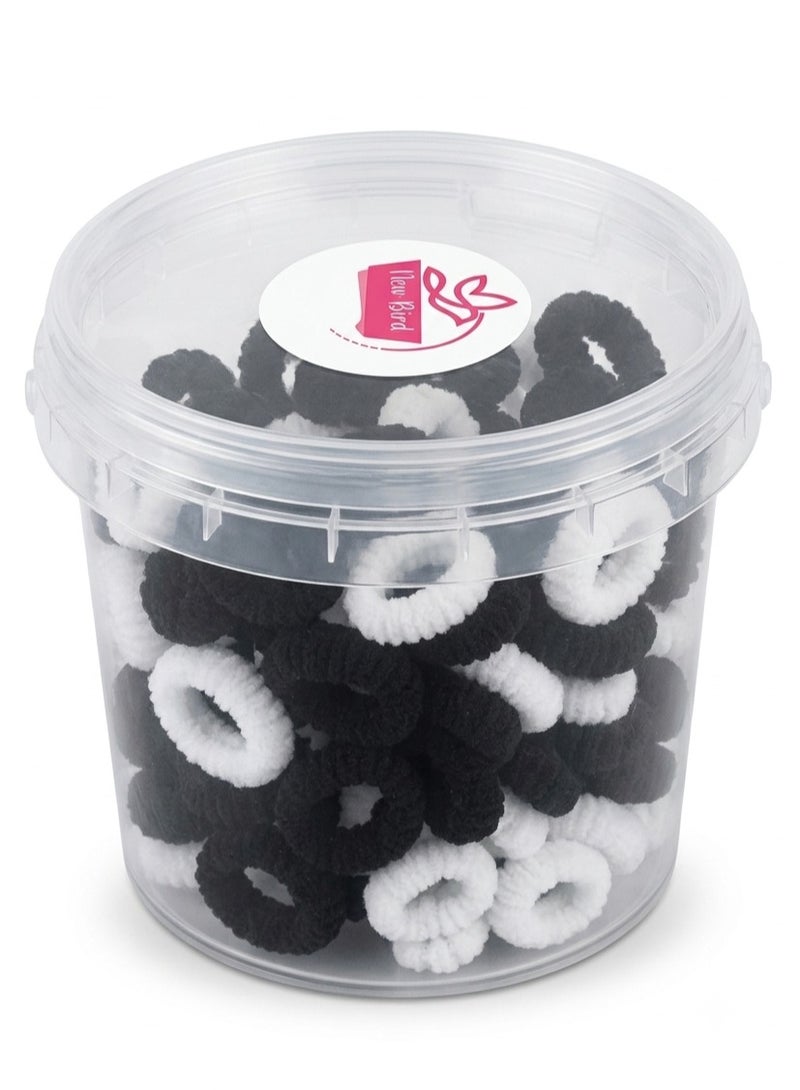 Rymel 200pcs Soft Mini Fabric Hair Ties Set - Mixed Black & White No-Damage Small Elastic Bands in Reusable Clear Storage Bucket for Kids & Adults - Image 1