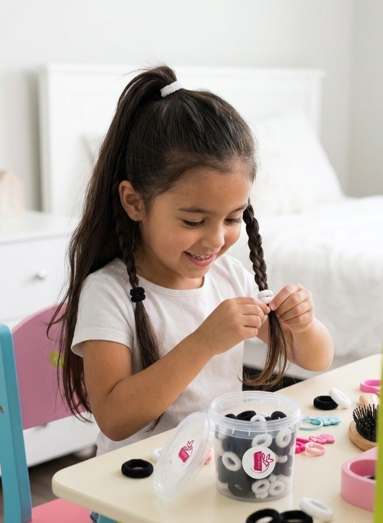 Rymel 200pcs Soft Mini Fabric Hair Ties Set - Mixed Black & White No-Damage Small Elastic Bands in Reusable Clear Storage Bucket for Kids & Adults - Image 2