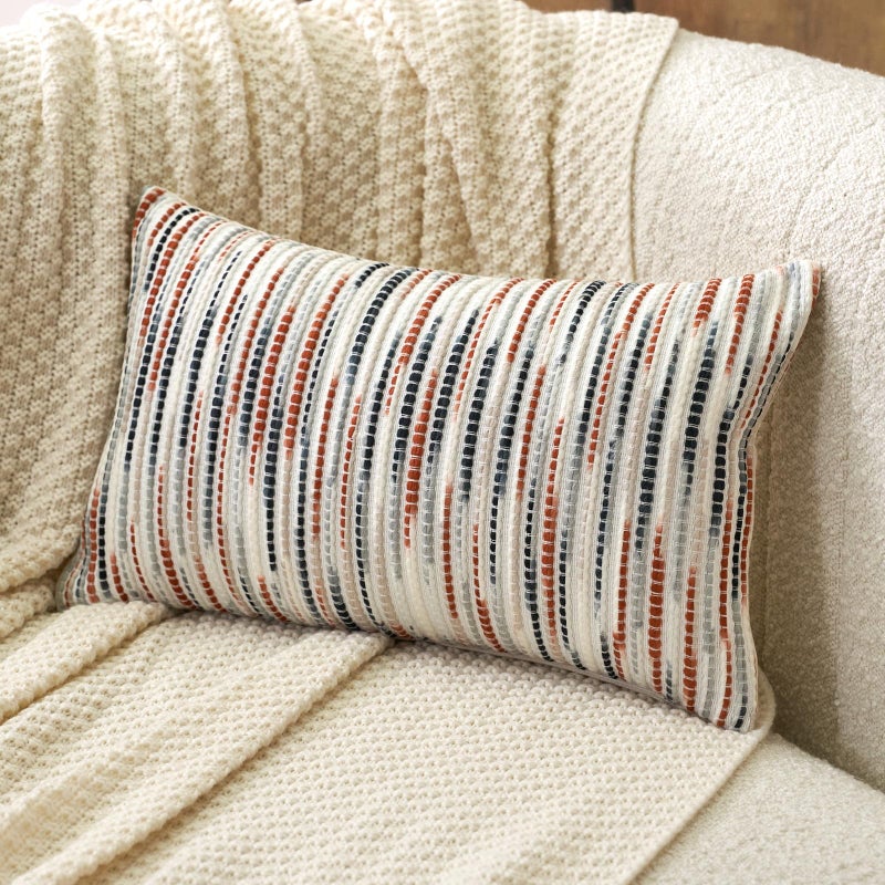 Aeckself Boho Striped Pillow Cover 12x20, Rectangle Decorative Lumbar Throw Pillow Cover Chenille Neutral Pillowcase for Couch Bedroom Living Room, Orange Gray - Image 1