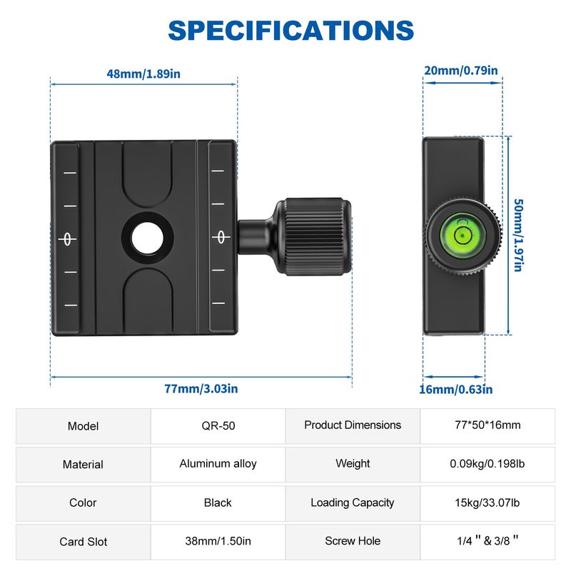 CAVIX QR-50 50mm Quick Release Clamp with 3/8"-1/4" Screw Adapter for Camera Tripod Head Compatible with Arca Swiss Type Plate - Image 3