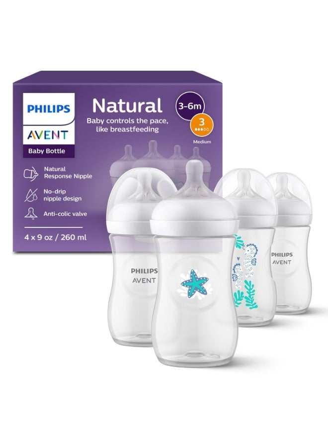 Philips Philips Avent Natural Baby Bottles with Natural Response Nipples (Medium Flow, Flow 3), with Seahorse and Starfish Design, 9oz, 4-Pack, SCY903/68 - Image 4