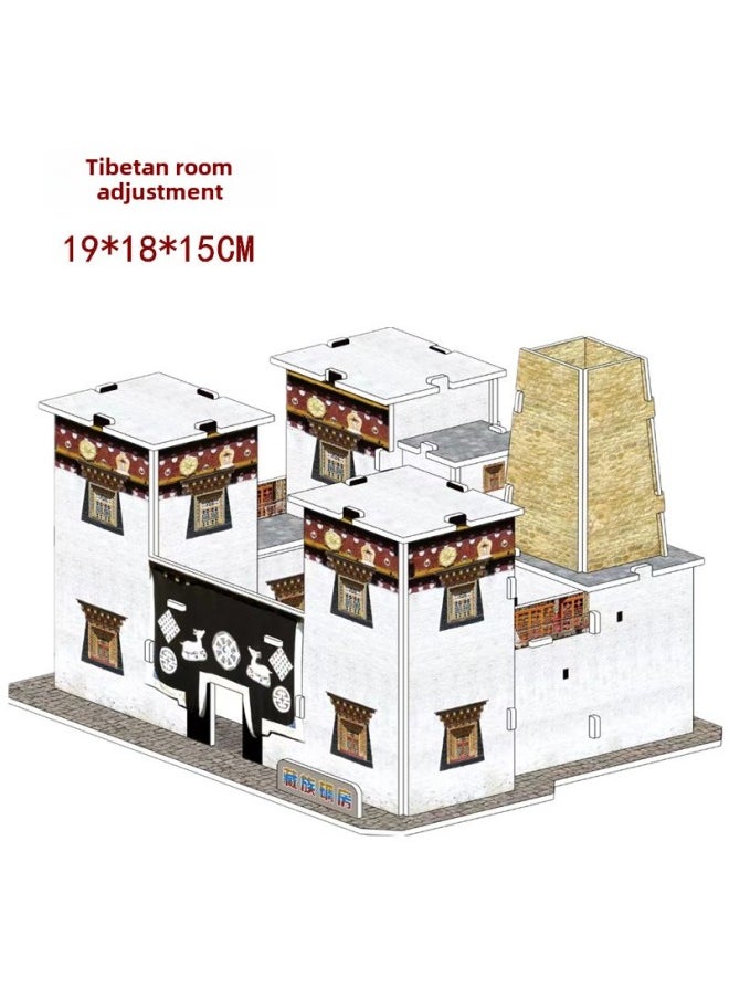 Generic - China Ancient Architectural Modern City Children's Three-dimensional Puzzle 5 Music Boxes Handmade DIY Wooden Color Puzzle-Color:Simple Paper-made Tibetan House - Image 1