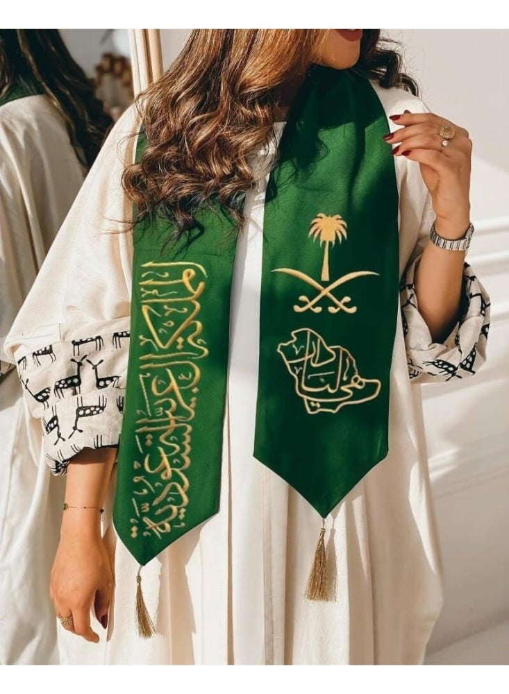 Toy Box Saudi National Day Celebration Cotton Scarf – Green & Gold Saudi Heritage Design - Image 4