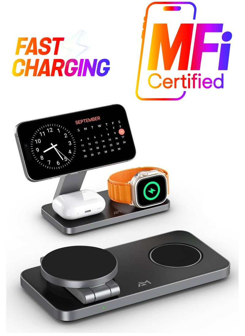 AMROAH - Foldable 3 in 1 Wireless Charging Station with Magsafe Charger Stand, Wireless Charger for Multiple Devices iPhone 16 15 14 13 12 11 X Pro Max Plus Watch AirPods Samsung Galaxy S25 S24 S23 S22 Plus Ultra - Image 1