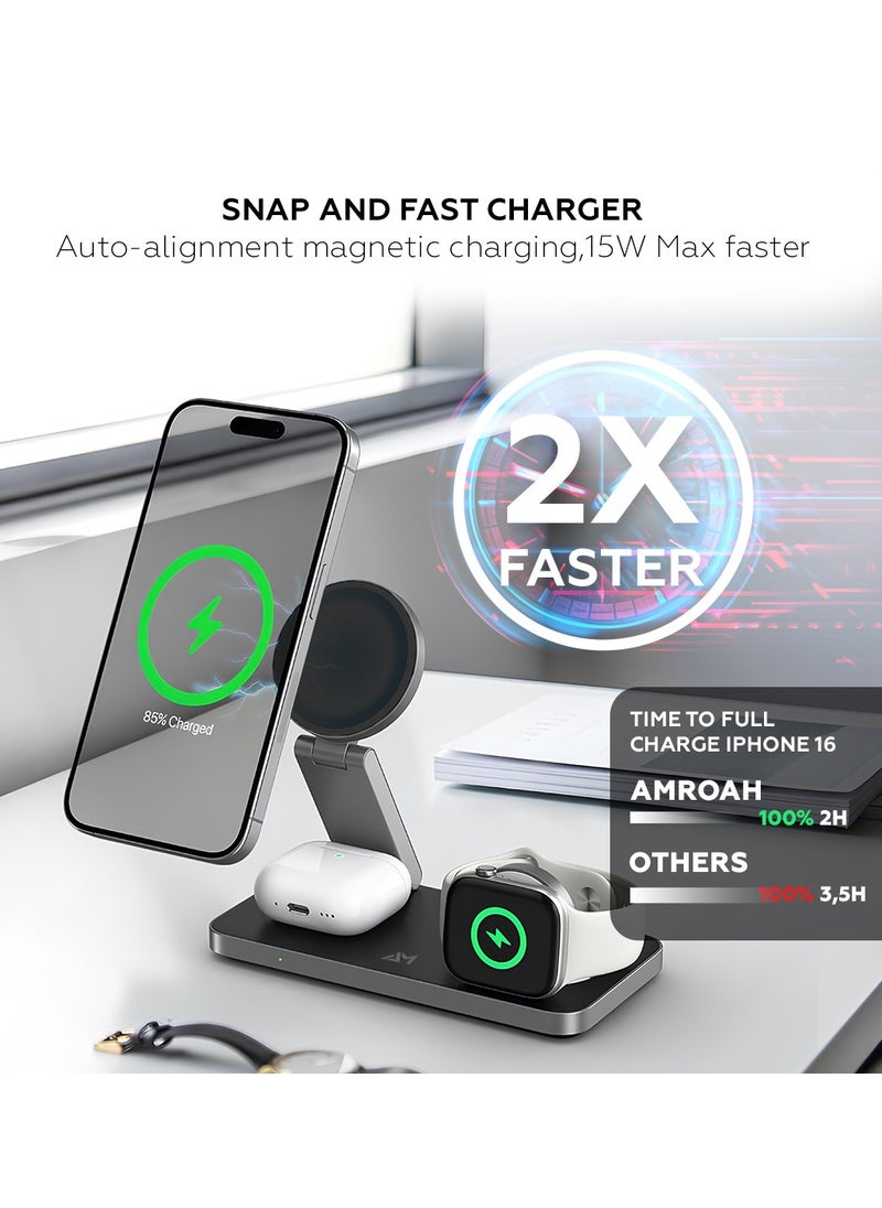 AMROAH - Foldable 3 in 1 Wireless Charging Station with Magsafe Charger Stand, Wireless Charger for Multiple Devices iPhone 16 15 14 13 12 11 X Pro Max Plus Watch AirPods Samsung Galaxy S25 S24 S23 S22 Plus Ultra - Image 1
