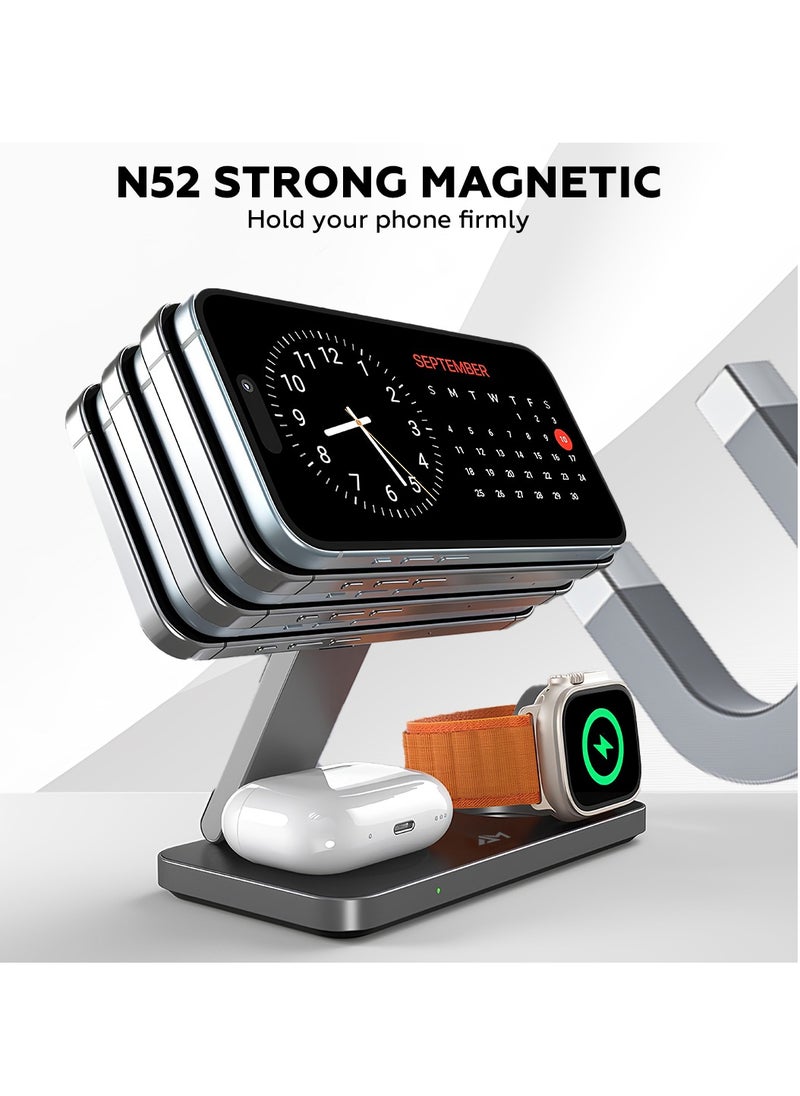 AMROAH - Foldable 3 in 1 Wireless Charging Station with Magsafe Charger Stand, Wireless Charger for Multiple Devices iPhone 16 15 14 13 12 11 X Pro Max Plus Watch AirPods Samsung Galaxy S25 S24 S23 S22 Plus Ultra - Image 1