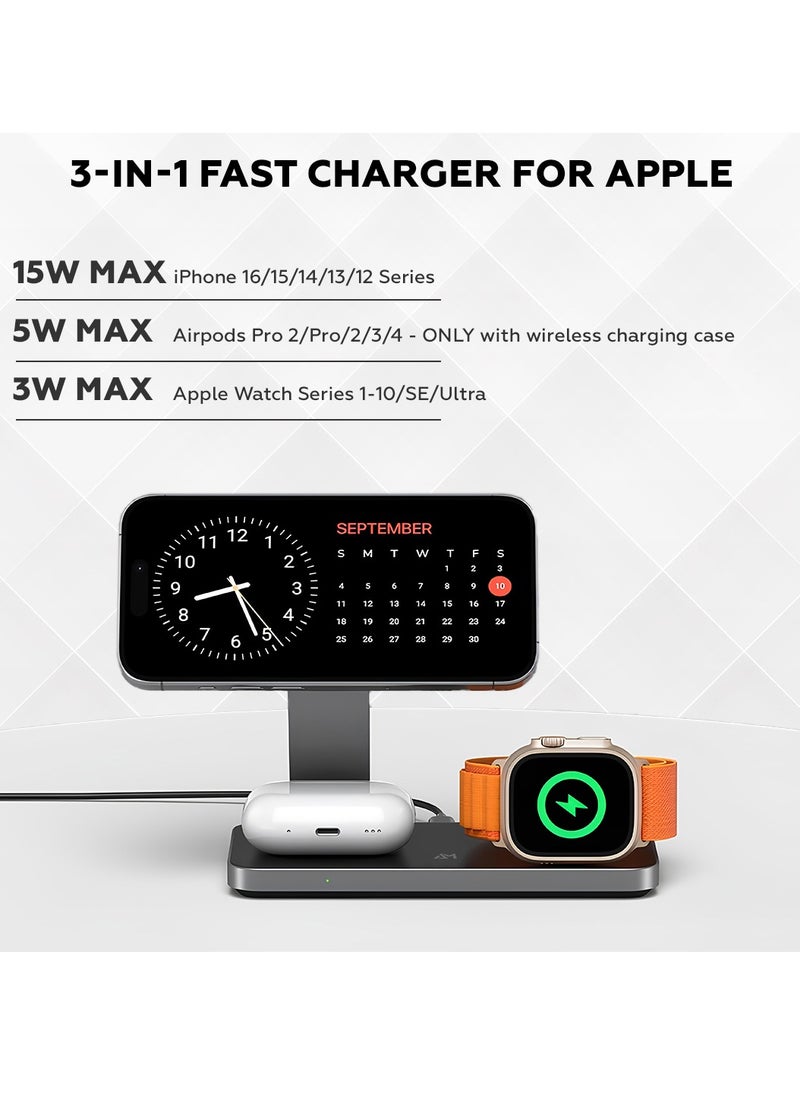 AMROAH - Foldable 3 in 1 Wireless Charging Station with Magsafe Charger Stand, Wireless Charger for Multiple Devices iPhone 16 15 14 13 12 11 X Pro Max Plus Watch AirPods Samsung Galaxy S25 S24 S23 S22 Plus Ultra - Image 1