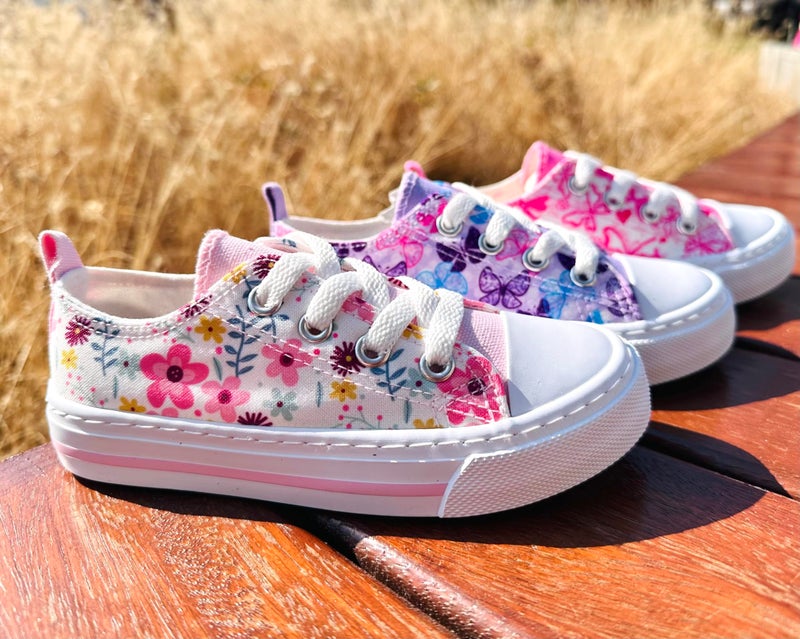 Toandon Toddler Girls Kids Sneakers Walking Shoes Lace Up Lightweight Low Top Adorable Sparkle Printed Flower Non-Slip Outdoor Pink White Size 12 - Image 2