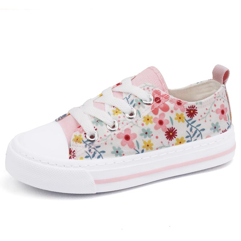 Toandon Toddler Girls Kids Sneakers Walking Shoes Lace Up Lightweight Low Top Adorable Sparkle Printed Flower Non-Slip Outdoor Pink White Size 12 - Image 1