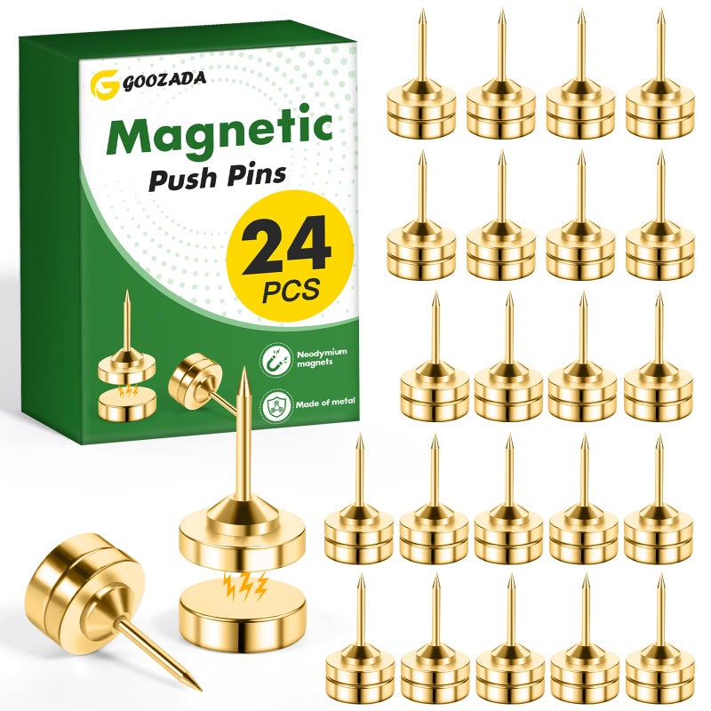 GOOZADA 24 Sets of Gold Magnetic Push Pins Gold Flat Push Pins Decorative Thumb Tacks for Wall Cork Board Magnetic Poster Hanger