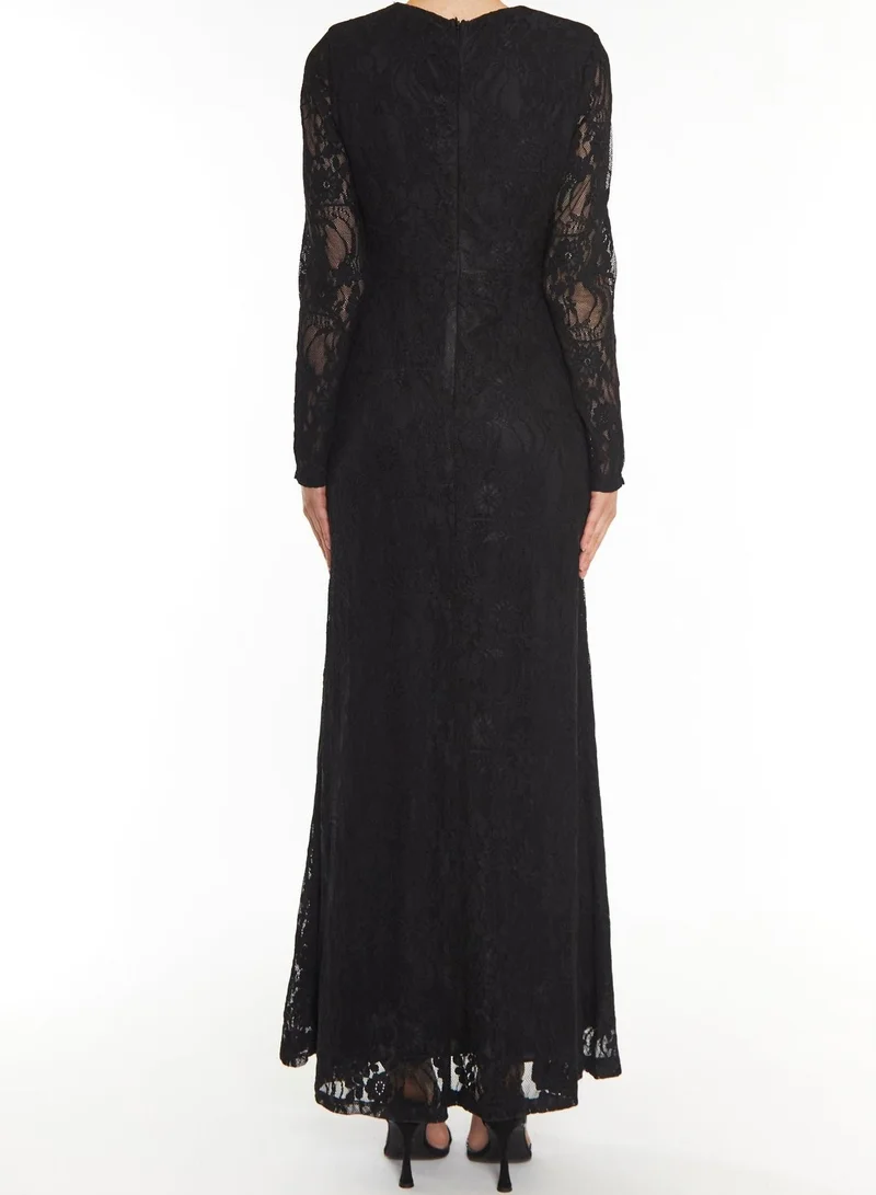 True Decadence Siena Black Lace High Gathered Neck Maxi-Dress