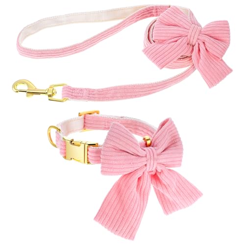 WJIAAA Dog Collar and Leash Set with Bowtie, Pink Cute Girl Dog Collars Bow Metal Buckle Adjustable Corduroy Dogs Collar 10‘’-16‘’for Small Medium Puppy Dogs with 5 FT Leash Pink S - Image 1