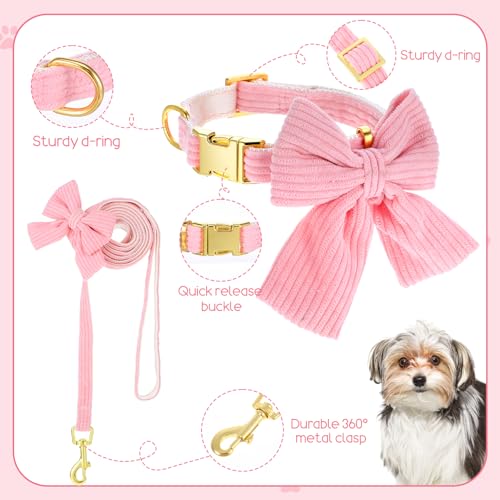 WJIAAA Dog Collar and Leash Set with Bowtie, Pink Cute Girl Dog Collars Bow Metal Buckle Adjustable Corduroy Dogs Collar 10‘’-16‘’for Small Medium Puppy Dogs with 5 FT Leash Pink S - Image 3