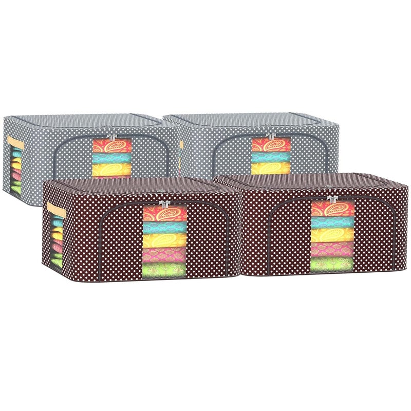 Urbane Home Urbane Home Pack of 4 Clothes Storage Box 24 Liter Wardrobe Organizer Waterproof Underbed Storage Box for Blankets Parachute Steel Frame Drawer Organizer Dot Print Grey Brown  - Image 1