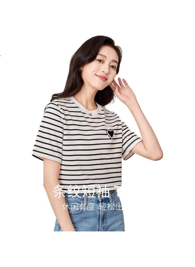 First Application Chushen Summer Short Sleeve T-Shirt Women Fashion All-Match Round Neck Love Heart Striped Cotton Half Sleeve Top S13Kt1172 - Image 3