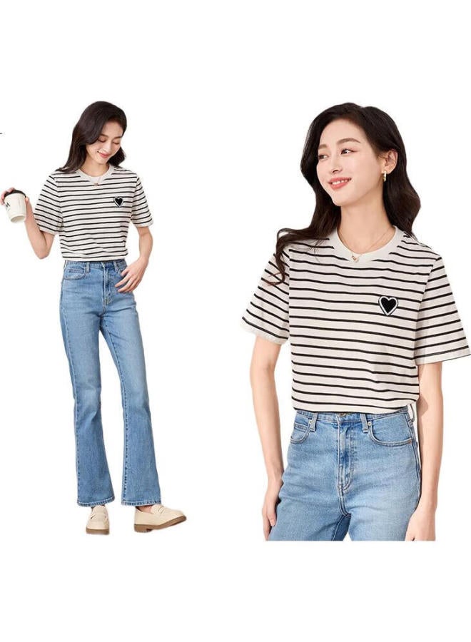 First Application Chushen Summer Short Sleeve T-Shirt Women Fashion All-Match Round Neck Love Heart Striped Cotton Half Sleeve Top S13Kt1172 - Image 2