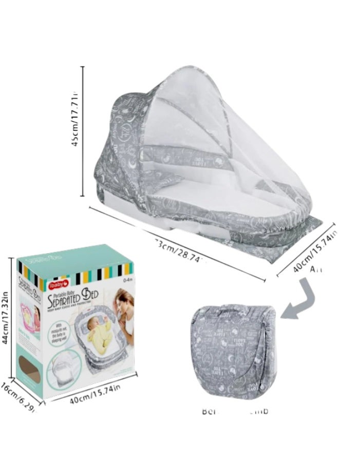 Gray Portable Baby Separated Bed (0-4m) – Features Mosquito Net & Soothing Nightlight. - Image 1
