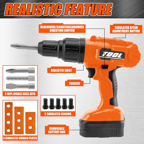PANPAPA Kids Power Drill and Screw SetToy Electric Drill with 3 Interchangeable Drill Bits Sound and MotionPretend Play Construction Kids Tool Set Outdoor Preschool Gardening Lawn Toy GiftsOrange - Image 5