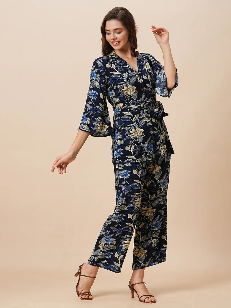 globus Women Notch Lapel Floral Print Belted Tunic With Mid-Rise Pants Fusion Co-Ord Set