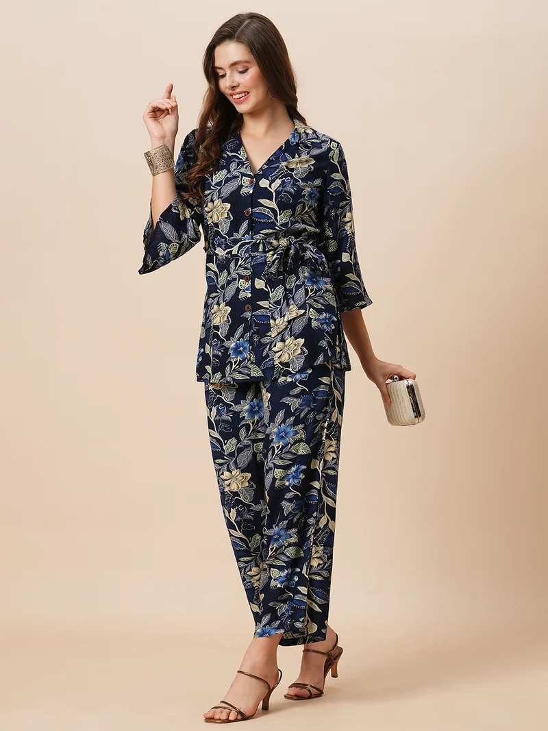 globus Women Notch Lapel Floral Print Belted Tunic With Mid-Rise Pants Fusion Co-Ord Set