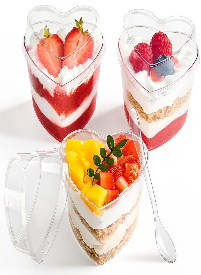 Qeirudu 50 Pack 5 oz Heart Shaped Dessert Cups with Lids and Spoons, Mini Plastic Parfait Cups Mother's Day Shooter Cups for Appetizer Mousse Pudding - Image 1