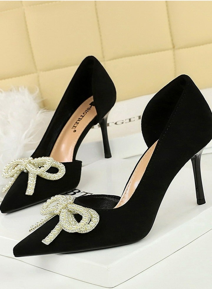 BIGTREE Women's Closed Pointed Toe Stiletto Pump Rhinestone Bowknot Decoration High Heels Black 8.5CM - Image 1
