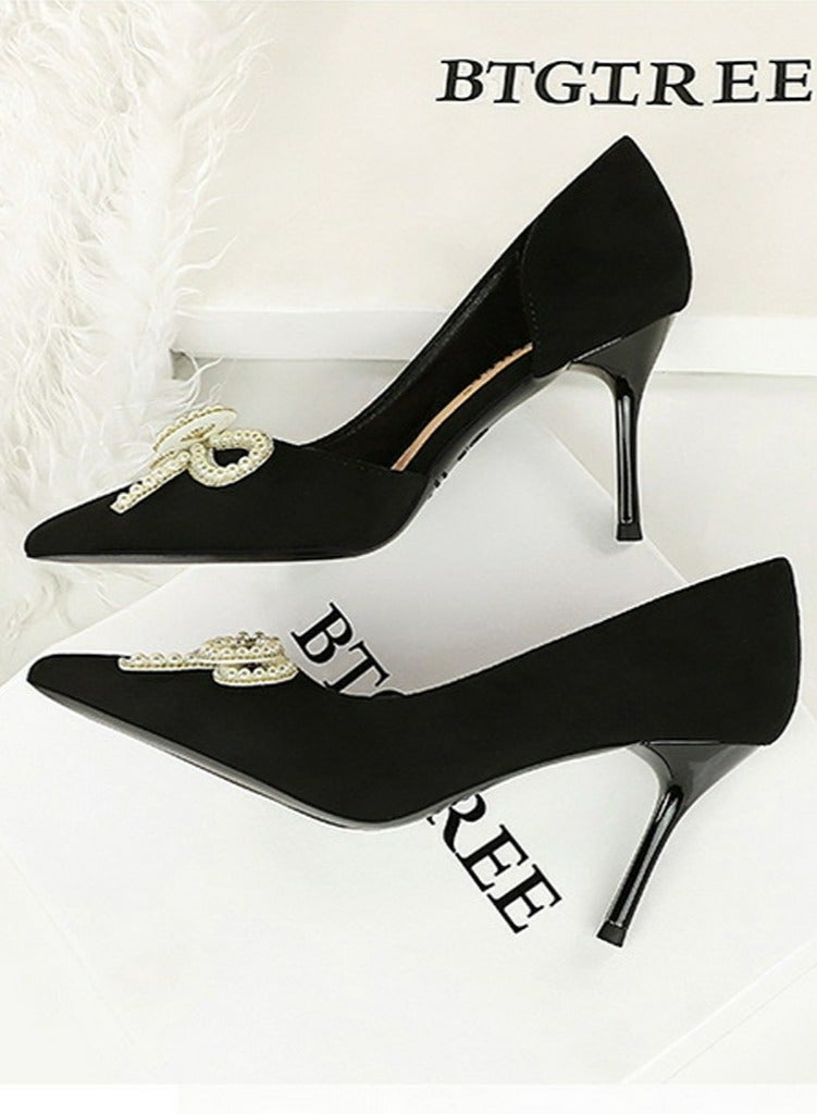 BIGTREE Women's Closed Pointed Toe Stiletto Pump Rhinestone Bowknot Decoration High Heels Black 8.5CM - Image 3