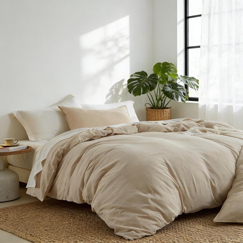 Simple&Opulence Duvet Cover Set 100% Washed Cotton Comfy Soft Breathable Cozy Textured Solid Color Comforter Cover for All Seasons Bedding Sets, Khaki King 220x240cm - Image 4