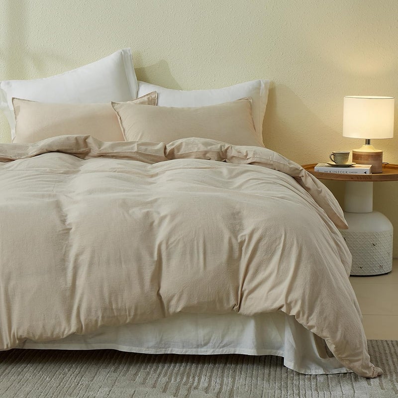 Simple&Opulence Duvet Cover Set 100% Washed Cotton Comfy Soft Breathable Cozy Textured Solid Color Comforter Cover for All Seasons Bedding Sets, Khaki King 220x240cm - Image 5