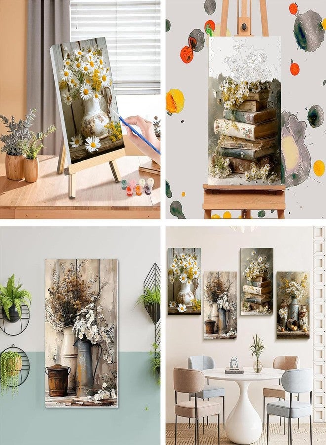 xackcme 4 Pack Paint by Numbers for Adults with Framed Canvas - with Wooden Easel, Vintage Flower Paint by Number, Daisy Rustic Flowers Acrylic Oil Painting on Canvas with Brush for Home Wall Decor 8x12 inch - Image 5