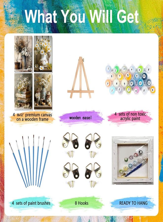 xackcme 4 Pack Paint by Numbers for Adults with Framed Canvas - with Wooden Easel, Vintage Flower Paint by Number, Daisy Rustic Flowers Acrylic Oil Painting on Canvas with Brush for Home Wall Decor 8x12 inch - Image 4
