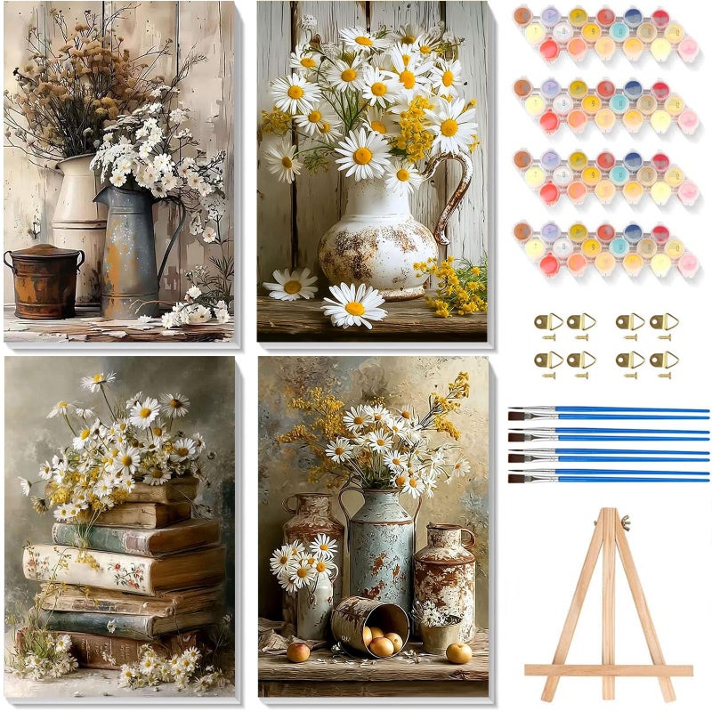 xackcme 4 Pack Paint by Numbers for Adults with Framed Canvas - with Wooden Easel, Vintage Flower Paint by Number, Daisy Rustic Flowers Acrylic Oil Painting on Canvas with Brush for Home Wall Decor 8x12 inch - Image 1