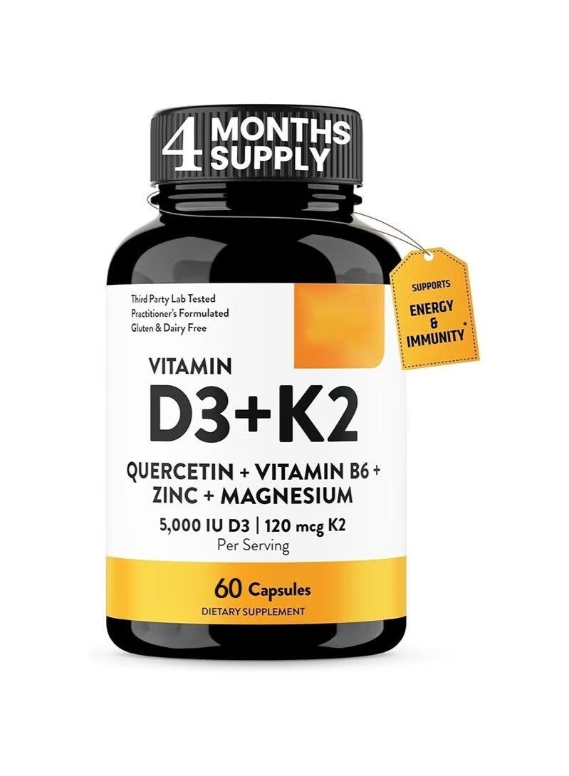 Sthxyfaith Vitamin D3+K2 Complex Capsules with Quercetin + Vitamin B6 + Zinc + Magnesium 5000IU D3 + 120mcg K2 60 Caps 4-Month Supply Energy & Immunity Support Dietary Supplement - Image 1