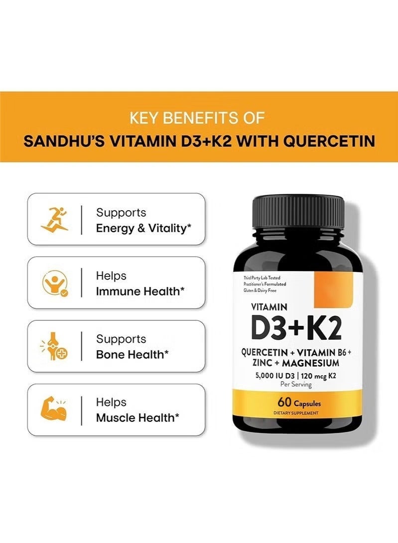 Sthxyfaith Vitamin D3+K2 Complex Capsules with Quercetin + Vitamin B6 + Zinc + Magnesium 5000IU D3 + 120mcg K2 60 Caps 4-Month Supply Energy & Immunity Support Dietary Supplement - Image 2