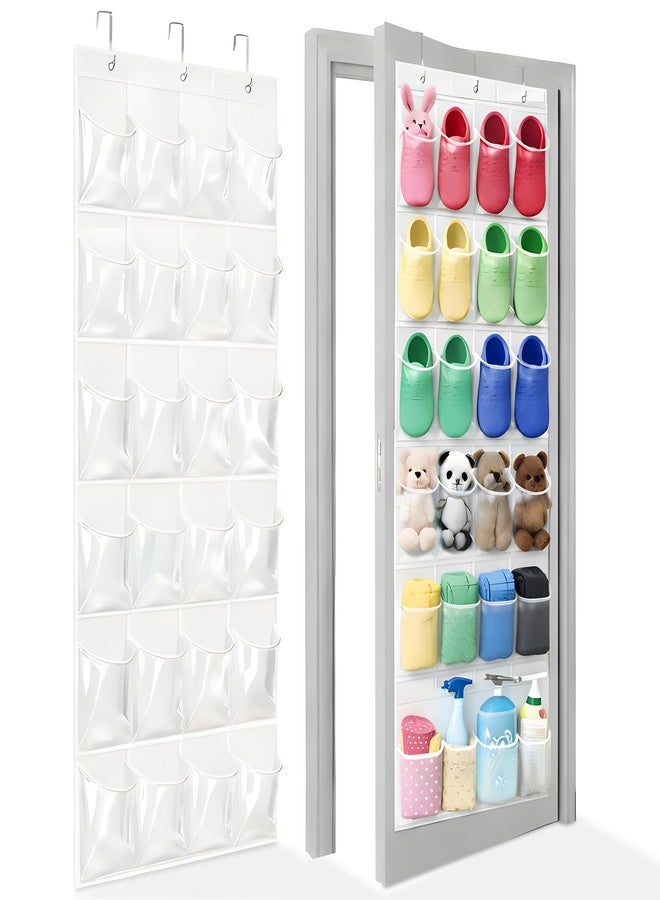 Bofoho Over the Door Shoe Organizer with 24 Crystal Clear Pockets and Metal Hooks – Heavy Duty Hanging Shoe Storage Rack for Closet, Bathroom, Dorm – Space Saving for Shoes, Accessories, Toys (White) - Image 1