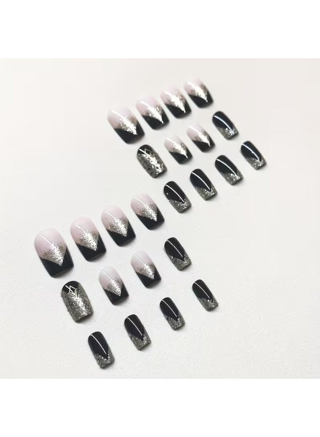 Goolsky أظافر مضغوطة سوداء ذهبية حلوة، علبة واحدة تحتوي على 24 قطعة مع 1 مبرد أظافر ولصق مزدوج الجوانب - Image 3