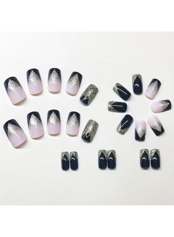 Goolsky أظافر مضغوطة سوداء ذهبية حلوة، علبة واحدة تحتوي على 24 قطعة مع 1 مبرد أظافر ولصق مزدوج الجوانب - Image 2