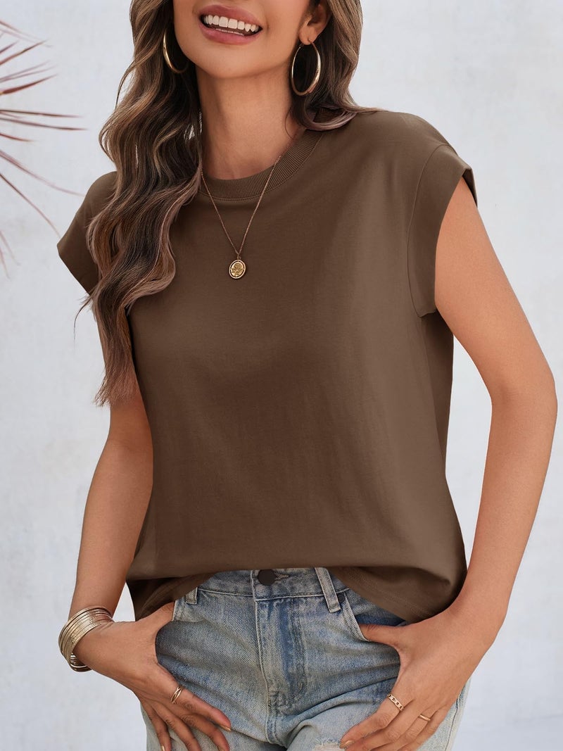 Cicy Bell Womens Cap Sleeve Cotton Tank Tops Summer Casual Loose Fit T Shirts Crew Neck Basic Tee Coffee - Image 4