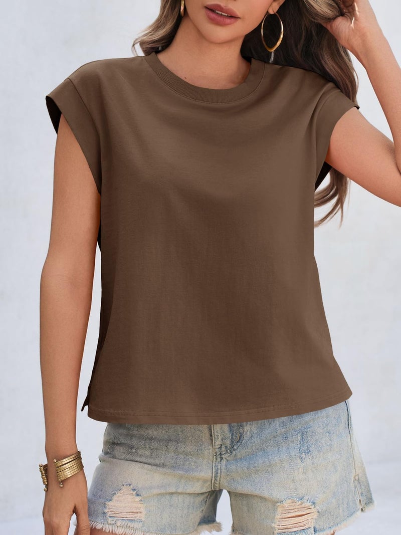 Cicy Bell Womens Cap Sleeve Cotton Tank Tops Summer Casual Loose Fit T Shirts Crew Neck Basic Tee Coffee - Image 5