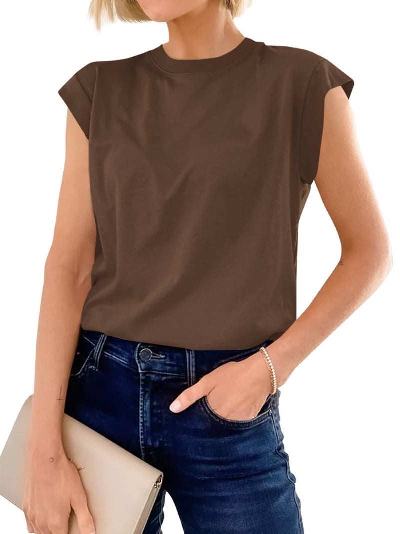 Cicy Bell Womens Cap Sleeve Cotton Tank Tops Summer Casual Loose Fit T Shirts Crew Neck Basic Tee Coffee - Image 1