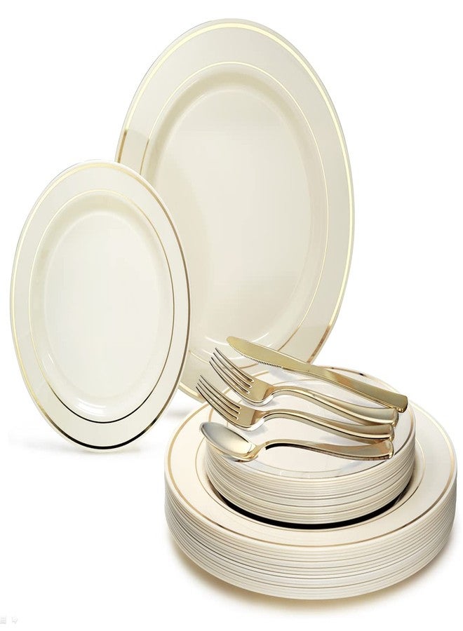 OCCASIONS FINEST PLASTIC TABLEWARE مجموعة مناسبات 150 قطعة (25 ضيف) - أدوات مائدة بلاستيكية ثقيلة الاستخدام للاحتفالات - أطباق 10.5'' و 7.5'' + أدوات فضية مع شوكتين (عاجي وحافة ذهبية) - Image 1