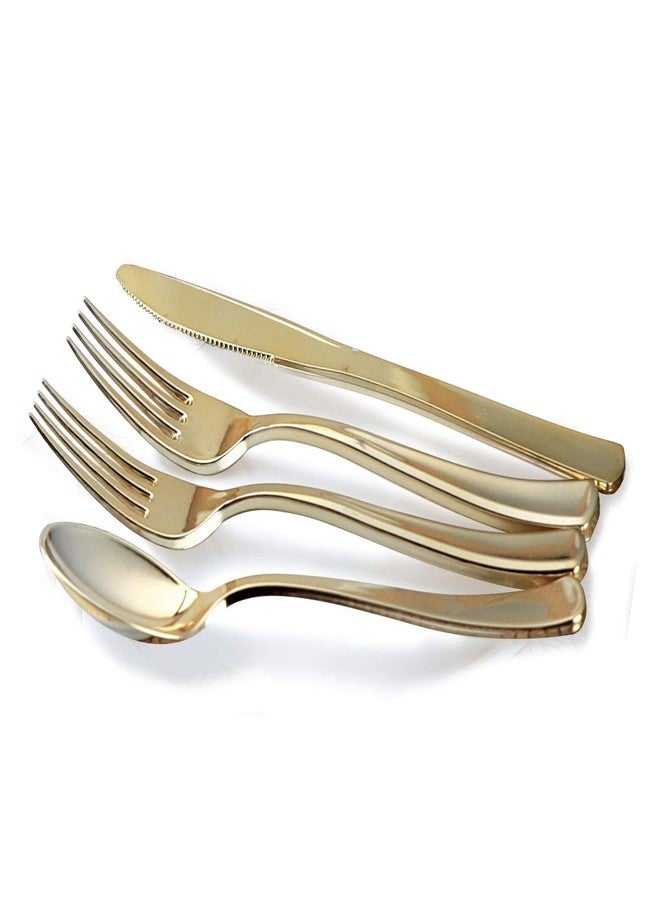 OCCASIONS FINEST PLASTIC TABLEWARE مجموعة مناسبات 150 قطعة (25 ضيف) - أدوات مائدة بلاستيكية ثقيلة الاستخدام للاحتفالات - أطباق 10.5'' و 7.5'' + أدوات فضية مع شوكتين (عاجي وحافة ذهبية) - Image 2