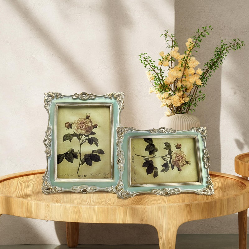 CISOO 6x8 Vintage Picture Frame Antique Ornate Green Photo Frame, for Table Top and Wall Display, Decorative Floral Design Retro Home Decor, Photo Gallery Art - Image 2