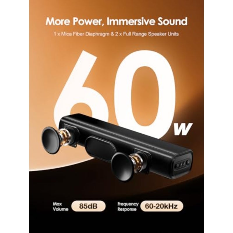 60W Bluetooth Sound Bar, 16 inch Compact TV Soundbar with Remote, 8 Flame Light Modes, Optical/ARC/AUX/RCA Connections, Wall-Mountable Home Theater Speaker for TV, PC, Projector, Gaming - Image 2
