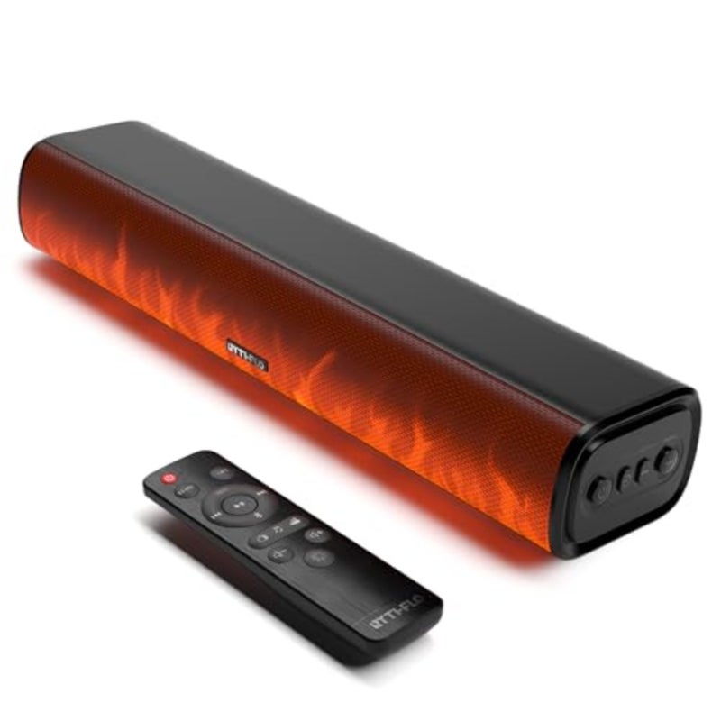 60W Bluetooth Sound Bar, 16 inch Compact TV Soundbar with Remote, 8 Flame Light Modes, Optical/ARC/AUX/RCA Connections, Wall-Mountable Home Theater Speaker for TV, PC, Projector, Gaming - Image 1