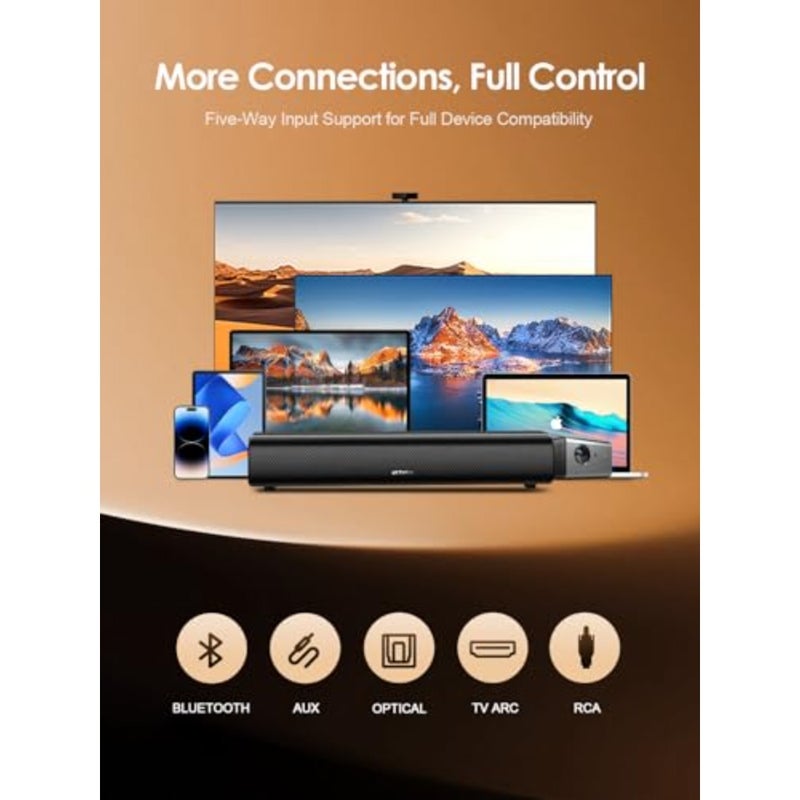 60W Bluetooth Sound Bar, 16 inch Compact TV Soundbar with Remote, 8 Flame Light Modes, Optical/ARC/AUX/RCA Connections, Wall-Mountable Home Theater Speaker for TV, PC, Projector, Gaming - Image 5