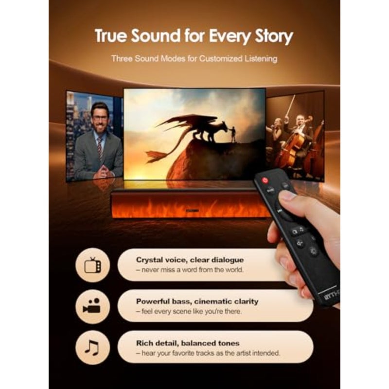 60W Bluetooth Sound Bar, 16 inch Compact TV Soundbar with Remote, 8 Flame Light Modes, Optical/ARC/AUX/RCA Connections, Wall-Mountable Home Theater Speaker for TV, PC, Projector, Gaming - Image 4