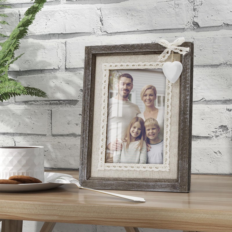 Sapowerntus 4x6 Rustic Picture Frames Wood Farmhouse Cute Heart Love Solid Wooden Photo Frame Lace Bow Glass Boho Wall Decor Hanging Tabletop Mother Grandma Family Kids Wedding Gift - Image 2