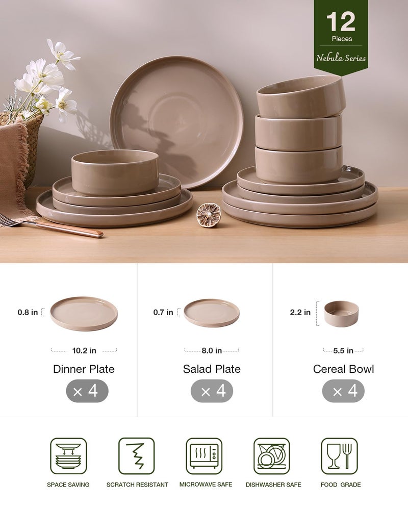 Famiware Nebula Plates and Bowls Set, 12 Pieces Dinnerware Sets, Dishes Set for 4, Cinnamon Brown - Image 2